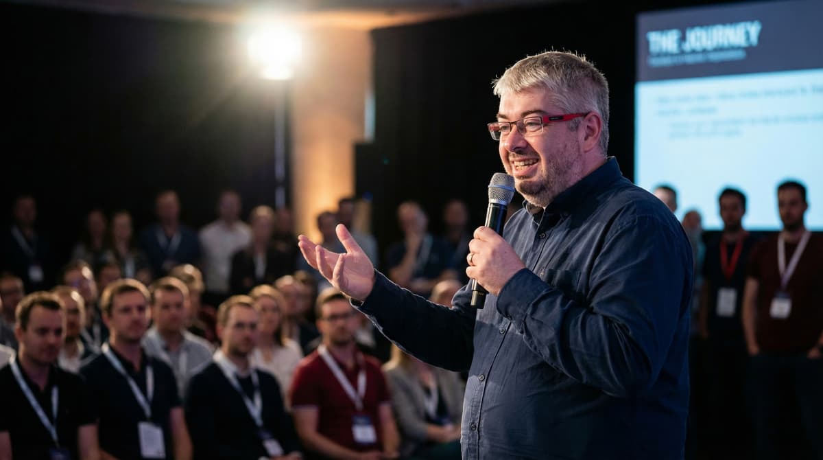 Miha speaking on stage