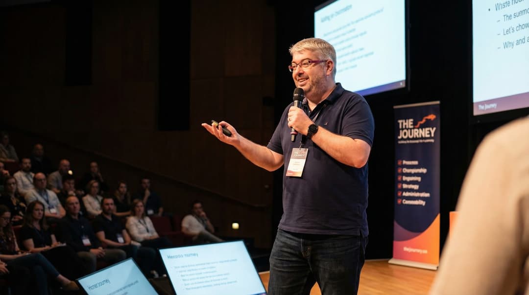 Miha speaking at an event